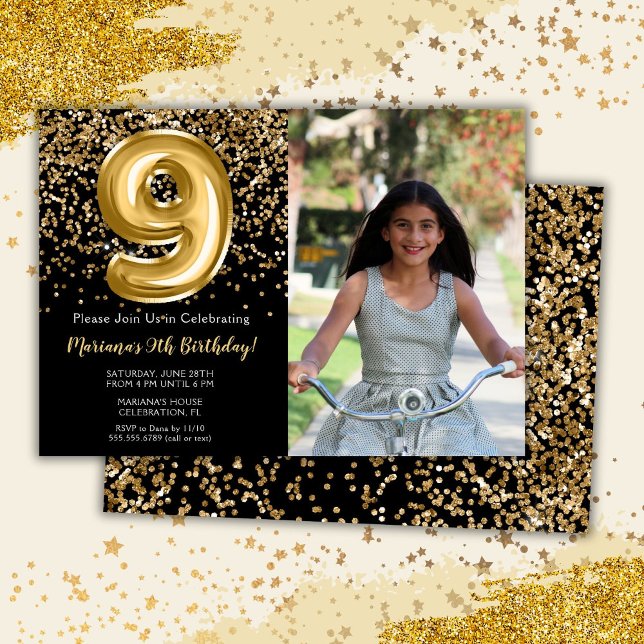 Photo Black Gold Kids Girl 9th Birthday Party Invitation (Creator Uploaded)