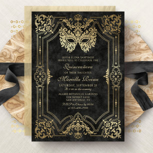 Photo Black Gold Masquerade Quinceanera Invitation