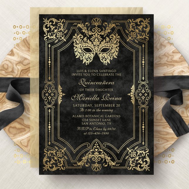 Photo Black Gold Masquerade Quinceanera Invitation (Creator Uploaded)