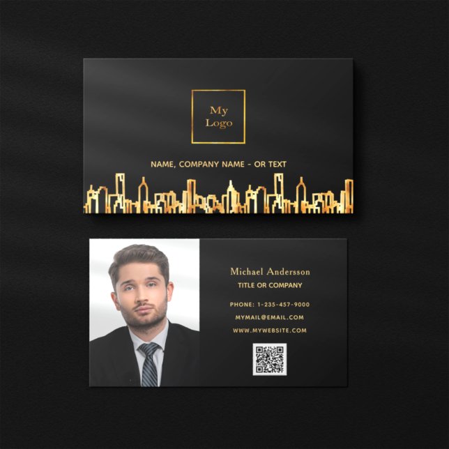 Photo black gold skyline real estate QR code Business Card (Creator Uploaded)