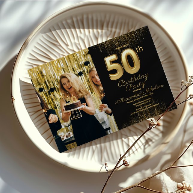 Photo Black Gold Typography Fifty 50th Birthday Invitation (Creator Uploaded)