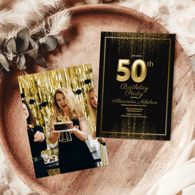 Photo Black Gold Typography Fifty 50th Birthday Invitation (Creator Uploaded)