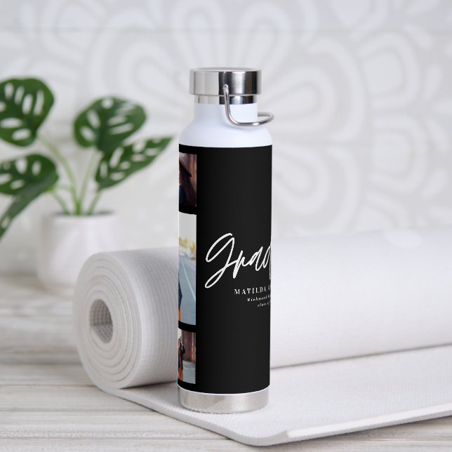 Photo black graduation script modern elegant water bottle (Yoga)