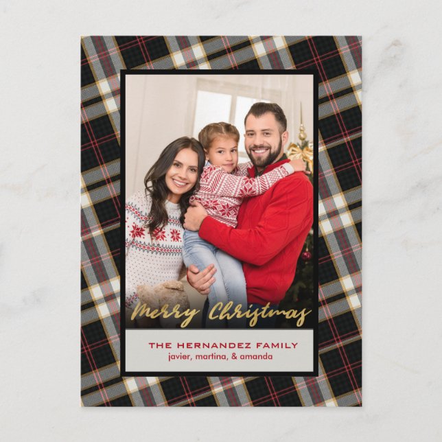 Photo Black Grey Plaid Gold Script Christmas Holiday Postcard (Front)