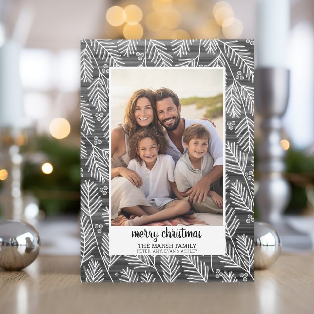 Photo - Black Pine Border - script Merry Christmas Holiday Card (Modern Christmas Photo Greeting Card)