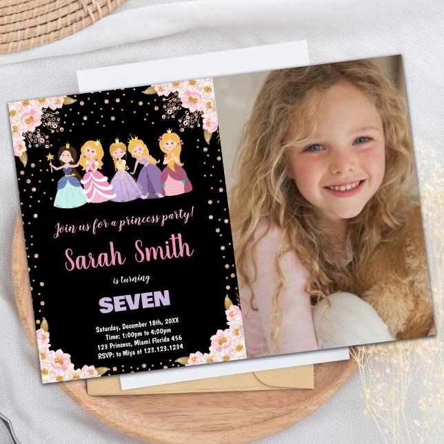 Photo Black Pink Floral Glitter Princess Invitation (Photo Black Pink Floral Glitter Princess Invitation)