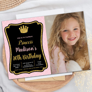 Photo Black Pink Fram Crown Princess Invitations