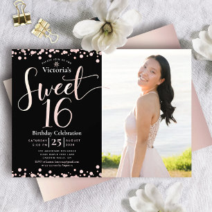 Photo Black Pink Rose Gold Sweet 16 Birthday Glam Invitation
