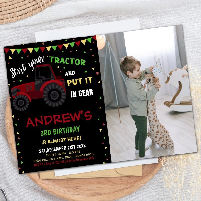Photo Black Red Tractor Birthday Invitations (Photo Black Red Tractor Birthday Invitations)