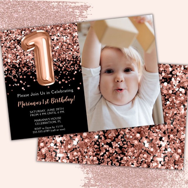 Photo Black Rose Gold Glitter1st Birthday Invitation (Creator Uploaded)