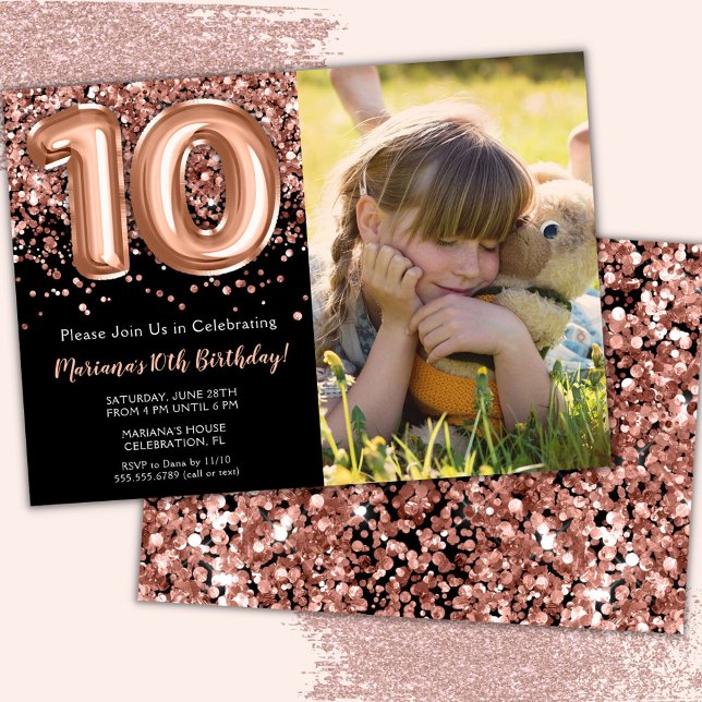 Photo Black Rose Gold Glitter 10th Birthday Party Invitation (Creator Uploaded)