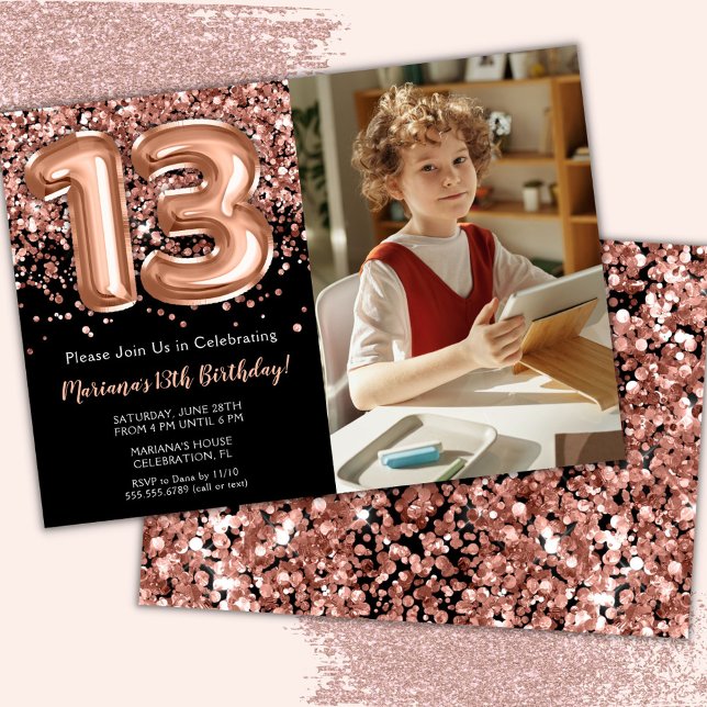 Photo Black Rose Gold Glitter 13th Birthday Party Invitation (Creator Uploaded)