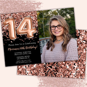 Photo Black Rose Gold Glitter 14th Birthday Party Invitation