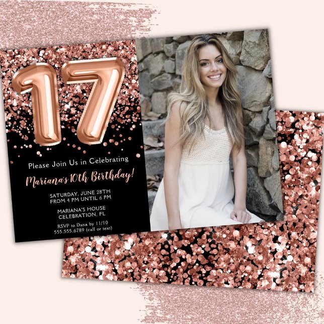 Photo Black Rose Gold Glitter 17th Birthday Invitation (Creator Uploaded)