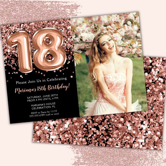Photo Black Rose Gold Glitter 18th Birthday Invitation (Creator Uploaded)