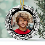 Photo - Black White Abstract Border - Retro Text Ceramic Tree Decoration<br><div class="desc">A single photo with a whimsical abstract black and white border. Add custom text around the photo in a retro,  funky type. The ornament is single sided.</div>