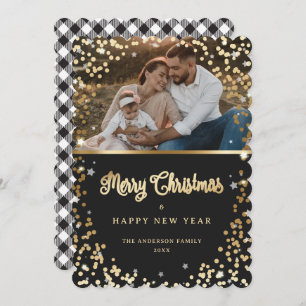Photo Black White Gold Snow Stars Plaid Holiday Card