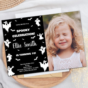 Photo Black White Halloween Birthday Invitations