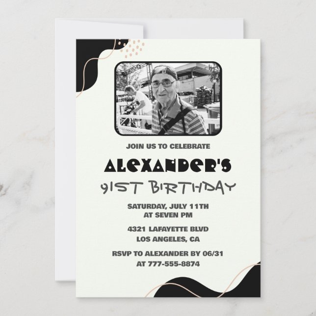 Photo Black White Men 91st birthday Invitation (Front)