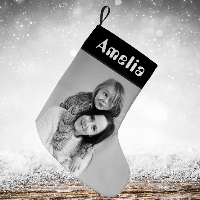 Photo Black White Rustic Festive Plaid Tartan Small Christmas Stocking (Creator Uploaded)