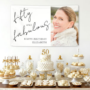 Photo Black White Script Fifty Fabulous Birthday Banner