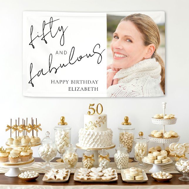 Photo Black White Script Fifty Fabulous Birthday Banner (Creator Uploaded)