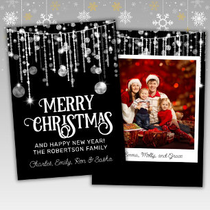 Photo Black White String Lights Christmas Card