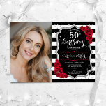 Photo Black White Stripes Red Silver 50th Birthday Invitation<br><div class="desc">Elegant floral feminine 50th birthday invitation with your photo. Glam black white red design with faux glitter silver. Features black and white stripes, red roses, script font and confetti. Perfect for a stylish adult bday celebration party. Personalise with your own details. Can be customised for any age! Printed Zazzle invitations...</div>