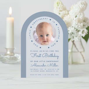 Photo Blue Arch Our Little Sweetheart Birthday Invitation