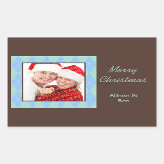 Photo blue argyle Merry Christmas large sticker