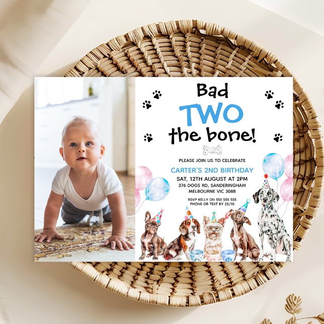 Photo Blue Bad Two The Bone Dogs 2nd Birthday Invitation (Bad To The Bone Birthday Invitation For Boy, Dog Themed Birthday Invitation Template with Photo, )