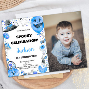 Photo Blue Ballon Halloween Birthday Invitations
