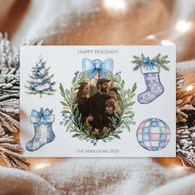 Photo Blue Bow Botanical Family Christmas Holiday Card (Creator Uploaded)