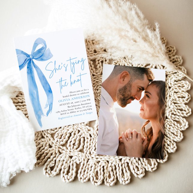 Photo Blue Bow She's Tying the Knot Bridal Shower Invitation (Modern Photo  Blue Bow She's Tying the Knot Bridal Shower Invitation)