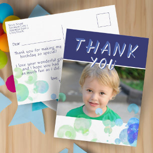 Photo Blue Bubbles Kids Birthday Party Thank you Postcard