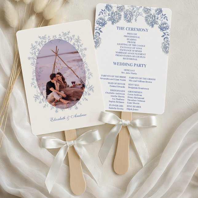 Photo Blue Chinoiserie Floral Botanical Wedding Hand Fan (Creator Uploaded)