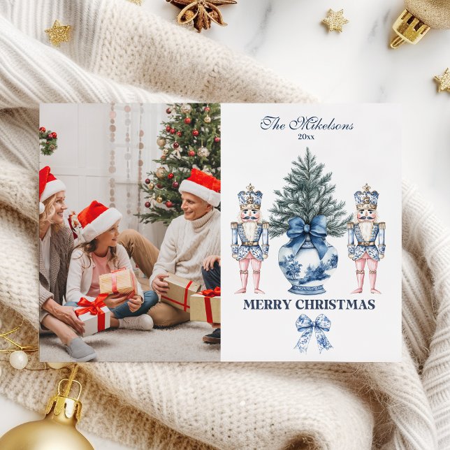 Photo Blue Chinoiserie Nutcracker Christmas Holiday Card (Creator Uploaded)