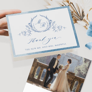 Photo, Blue Classic Monogram, Watercolor Wedding Thank You Card