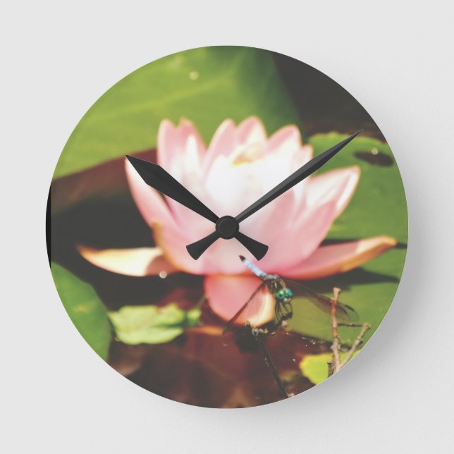Photo Blue Dragonfly pink flowers  Lake Arrowhead Round Clock (Front)