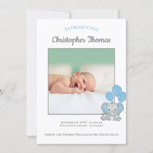 Photo Blue Elephant Baby Boy Birth Announcement