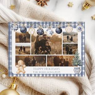 Photo Blue Gingham Ornament Family Christmas Holiday Card