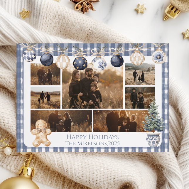 Photo Blue Gingham Ornament Family Christmas Holiday Card (Creator Uploaded)