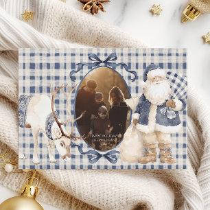 Photo Blue Gingham Santa Family Christmas Holiday Card