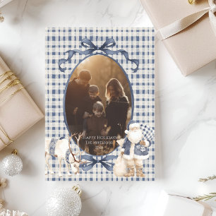 Photo Blue Gingham Santa Family Christmas Holiday Card