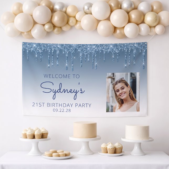 Photo Blue Glitter Drip 21st Birthday Banner (Creator Uploaded)