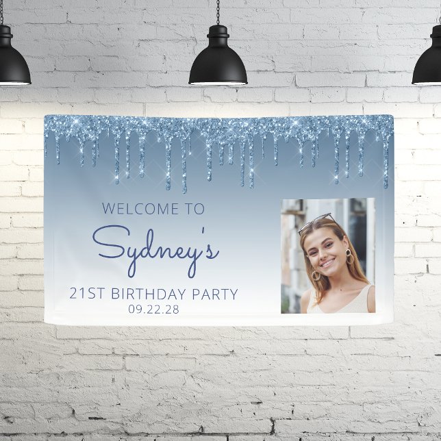 Photo Blue Glitter Drip 21st Birthday Banner (Creator Uploaded)