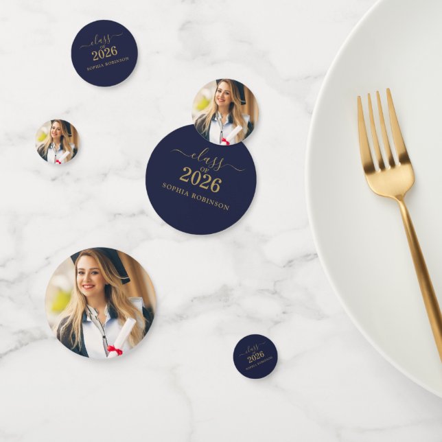 Photo Blue Gold Script Class of 2026 Modern  Confetti (Group)