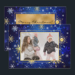 Photo Blue Gold Snowflake Christmas Xmas Holiday Card<br><div class="desc">Gold snowflakes on a beautiful blue background.  Seasonal greeting card.   Add your favourite family photos to personalise this beauty.  Change the names and year.  So simple,  yet chic.</div>