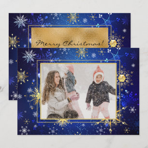 Photo Blue Gold Snowflake Christmas Xmas Holiday Card