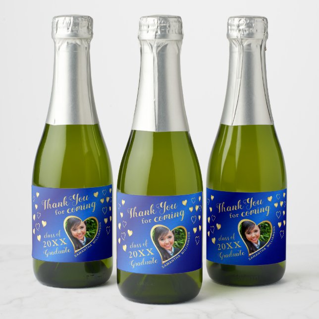 Photo Blue Gold Thank You 2025 Graduation Favour Sparkling Wine Label (Bottles)